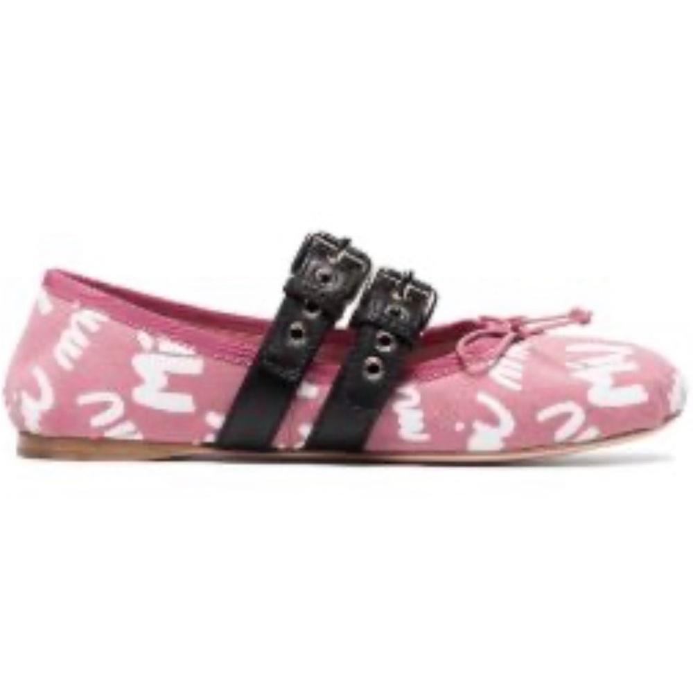 Miu Miu Pink Logo Canvas Buckle Ballet, Size 38.5